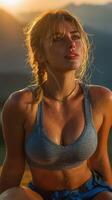 Sunset portrait of a woman in sports attire enjoying nature and capturing the moment photo