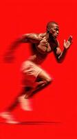 Dynamic sprinting athlete in motion against vibrant red background during a training session photo