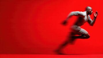Male athlete sprinting with intensity against a vibrant red background in a dynamic motion capture photo