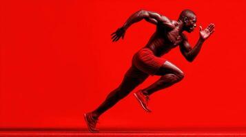 Dynamic male athlete sprinting against a striking red background showcasing strength and speed during a training session photo