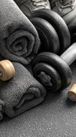 Fitness equipment and towels arranged neatly on gym floor ready for workout session in the morning photo