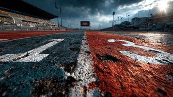 Race track with numbered lanes under stormy skies at dusk photo