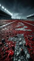 Brightly lit running track at dusk with water droplets highlighting the texture of the surface photo