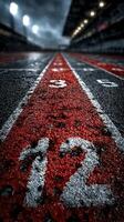Track lane marked with number twelve glistens after rain at dusk, highlighting preparations for an upcoming race event photo