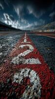 Close-up view of racetrack number marking on a cloudy day showing the motion and excitement of motorsport events photo