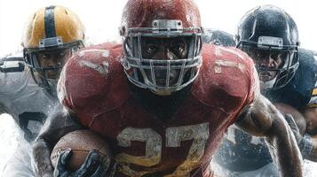 Football players in action during a dynamic play on a rain-soaked field during an intense match photo