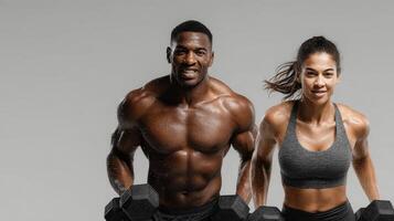 Couple workouts with dumbbells in a gym during a fitness training session photo