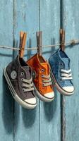 Colorful sneakers hanging on a clothesline against a rustic blue wooden background in a bright, sunlit setting photo