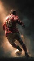 Dynamic soccer player dribbling the ball amidst dramatic lighting during an intense match photo
