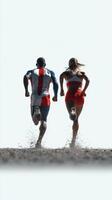 Runners in motion creating splashes during a race on a sunny day at a track event photo