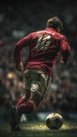 Soccer player in red jersey sprinting towards the goal during an intense match in a packed stadium photo