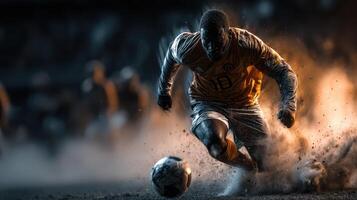 Intense soccer player sprinting on a dusty field during a competitive match at sunset photo