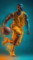 Dynamic basketball player in motion during a game with vibrant colors and dramatic lighting effects in a gym setting photo