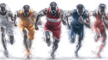 Runners in vibrant uniforms compete vigorously on a track during a dynamic sporting event photo
