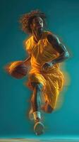 Dynamic basketball player in motion during a game, showcasing athleticism and skill on the court photo