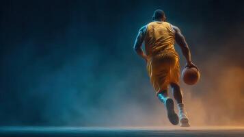 Basketball player making a strong move on the court during a dynamic and dramatic game setting photo
