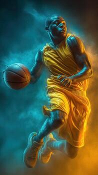 Dynamic basketball player in mid-air dunk under dramatic lighting effects photo