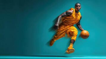 Basketball player dribbling on vibrant background during competitive game photo