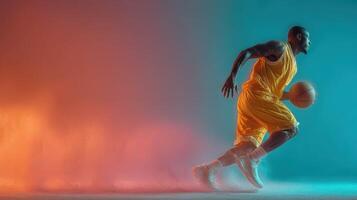 Dynamic basketball player sprinting with ball in vibrant colored atmosphere during practice session photo