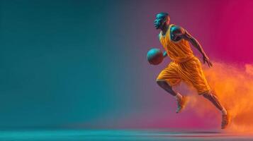 Dynamic basketball player in mid-action during a colorful performance photo
