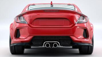 Red sports car showcasing sleek rear design and dual exhaust system in a clean studio setting during daylight hours photo