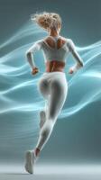 Woman running in athletic wear with flowing light effects in a studio setting during a dynamic sports activity photo