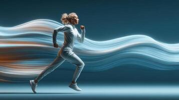 Dynamic female runner in motion against a vibrant abstract background showcasing speed and energy photo
