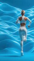 Dynamic runner in athletic wear moving against a blue abstract background showcasing motion and energy photo