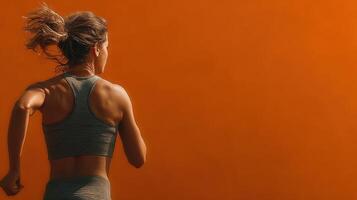 Woman running against an orange backdrop during sunset in an urban setting photo