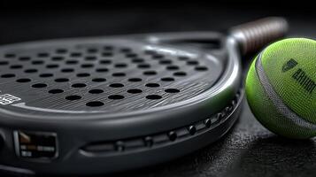 High-quality padel racket and tennis ball on a dark surface during a training session in a sports facility photo