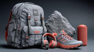 Stylish outdoor gear displayed with a backpack, headphones, shoe, and accessories on a dark background photo