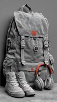 Gray backpack with matching shoes and headphones on a neutral background photo
