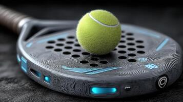 Padel racket and ball on a textured surface during a competitive match in a modern sports facility photo