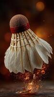 Creative depiction of a shuttlecock in action with droplets captured in mid-air during a vibrant indoor setting photo