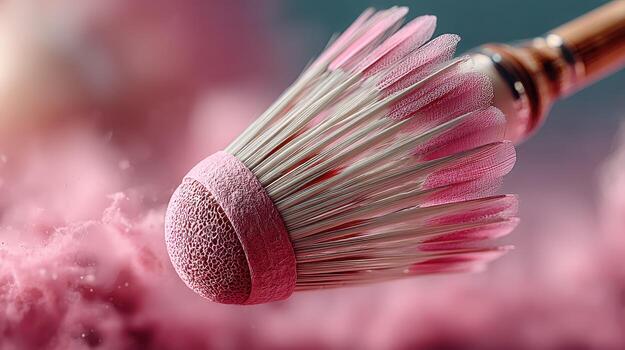 Close-up of a pink shuttlecock soaring through the air with a soft colorful background during a badminton game photo