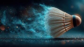 Speedy shuttlecock soars through the air creating a cloud of colorful mist during an intense badminton match photo