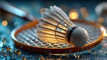 Shuttlecock resting on a badminton racket with soft lighting and blurred background showing details of the sport photo