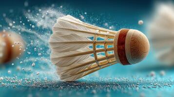 Shuttlecock soaring through the air during a badminton match with dynamic motion and vibrant colors photo