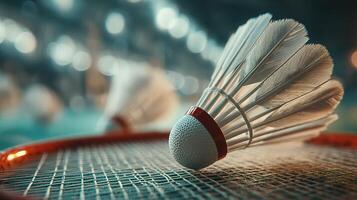 Shuttlecock rests on badminton racket during an indoor match at a local gym in the evening photo