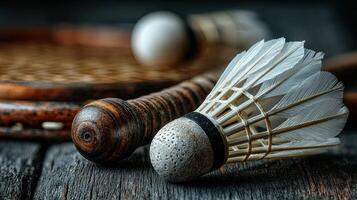 Badminton shuttlecocks and racket resting on a wooden surface during a quiet indoor setting photo