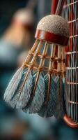 Shuttlecock hangs in a badminton racket showcasing intricate details and craftsmanship during a quiet indoor moment photo