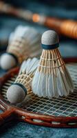 Badminton shuttlecocks ready for play with a wooden racket on a textured surface during an indoor setup photo