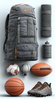 Sports equipment and accessories arranged for an active lifestyle using a gray backpack and athletic shoes photo