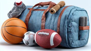 Sports equipment and gear displayed next to a duffel bag ready for an active day at the gym or field photo