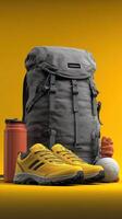 Outdoor adventure gear featuring a yellow pair of shoes, a gray backpack, and water bottle against a vibrant background photo