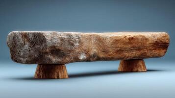 Rustic wooden bench with unique grain pattern displayed against a soft blue background in a minimalist setting photo