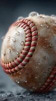 Close-up view of a wet baseball with water droplets glistening on its surface photo