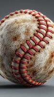 Old baseball showing wear and tear with visible stitching and texture under studio lighting photo