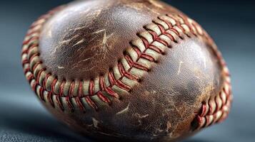 Vintage baseball with visible stitches resting on a textured surface during an indoor setting photo