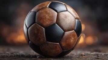 Detailed close-up of a vintage soccer ball resting on a textured surface with a blurred background photo